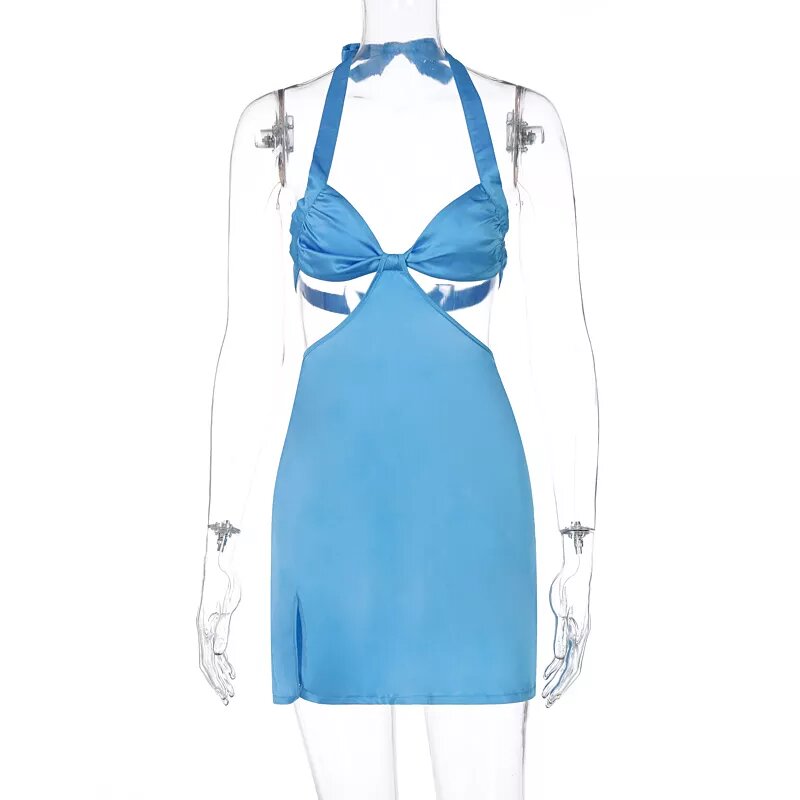 robe en satin a decoupes bleu