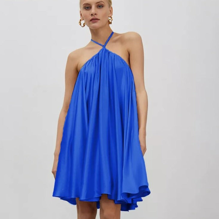 robe en satin évasée bleu
