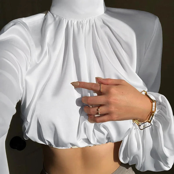 Gold satin blouse with puff sleeves and stand-up collar