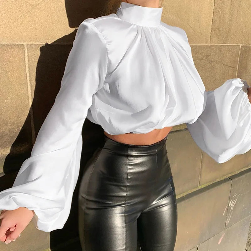 Gold satin blouse with puff sleeves and stand-up collar