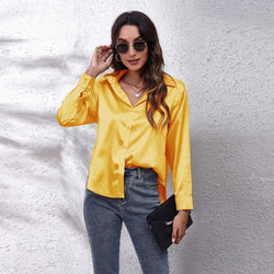 Yellow satin crossover blouse with bow