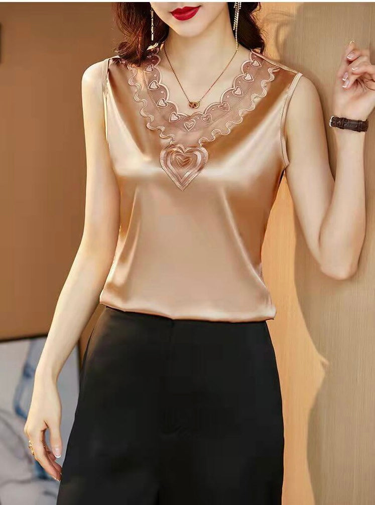 Satin tank top with original lace neckline