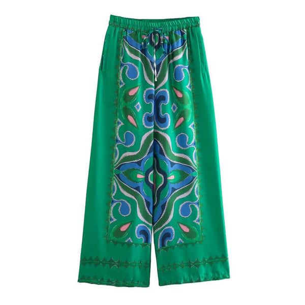 Green patterned satin pants