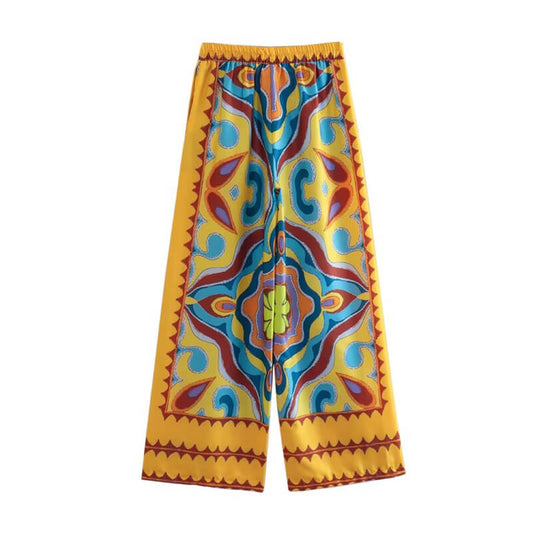 Patterned yellow satin pants