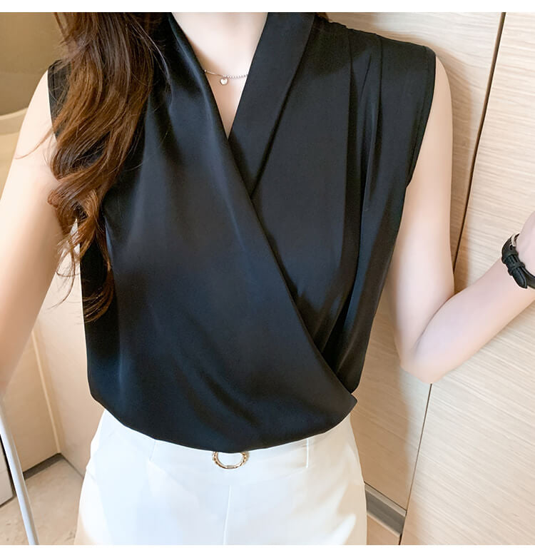 Sleeveless black satin blouse