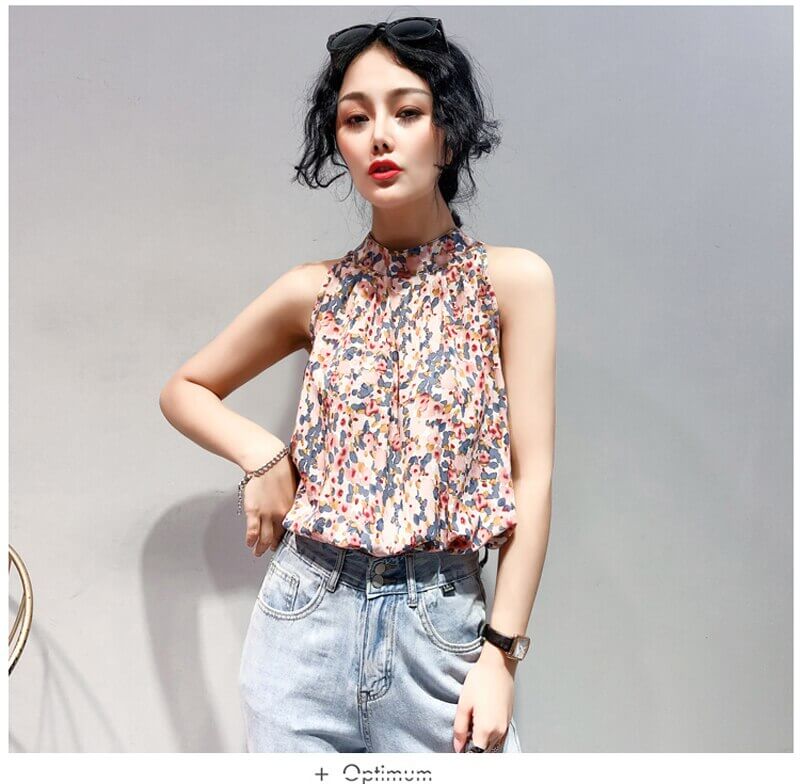 Ultra-colorful sleeveless satin blouse