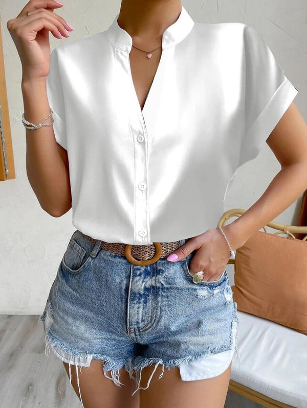 White satin blouse with short sleeves