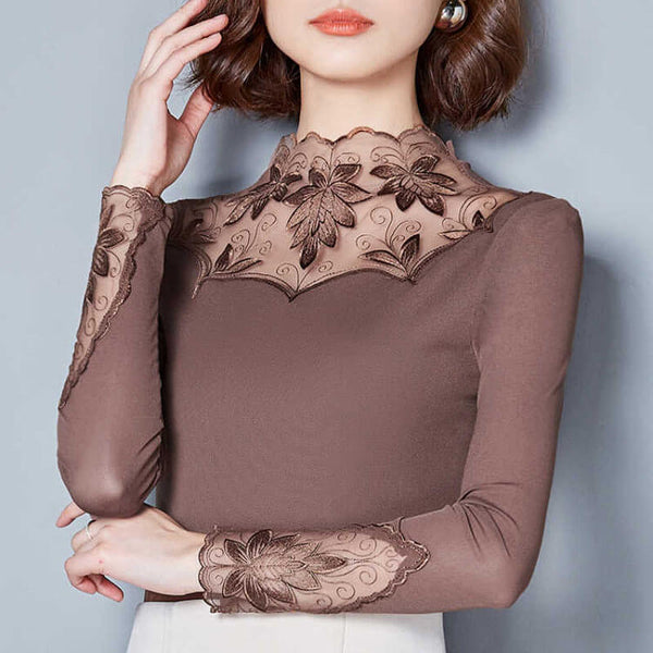 Brown satin and lace blouse with embroidered patterns