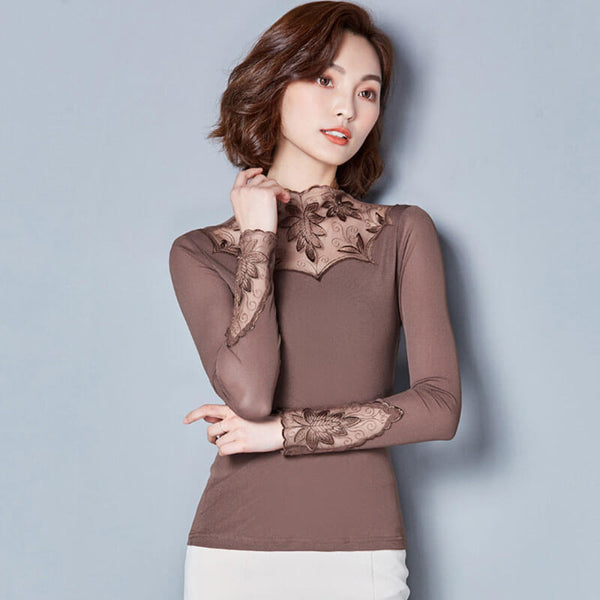 Brown satin and lace blouse with embroidered patterns