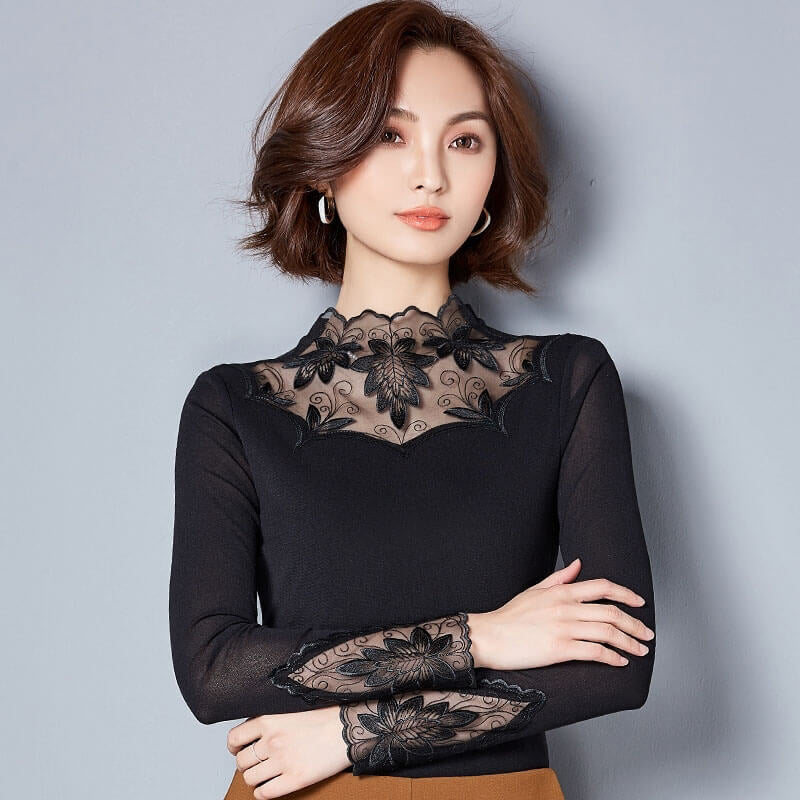 Black satin top with patterned lace