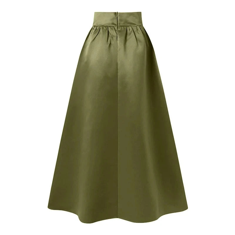 Green long trapeze satin skirt