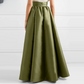 Green long trapeze satin skirt