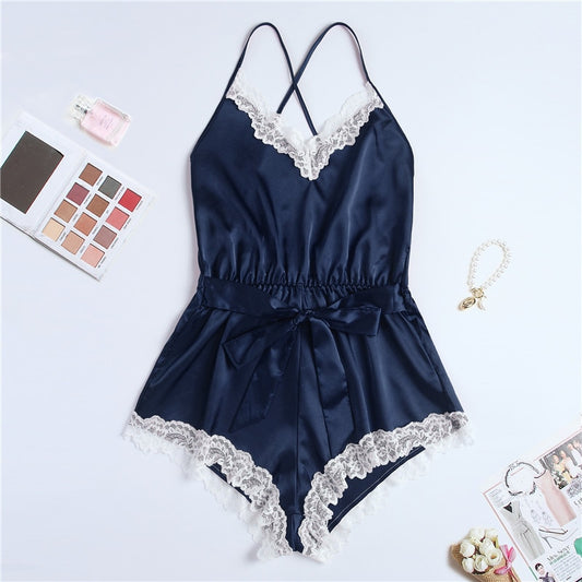 body satin noeud dentelle bleu