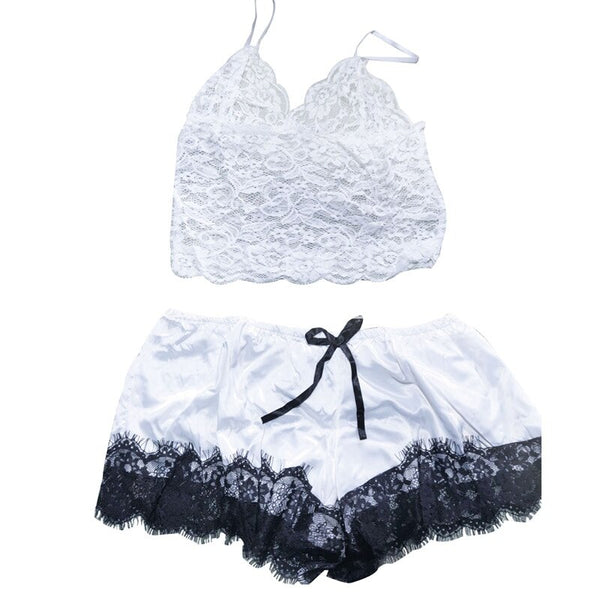 White embroidered satin lingerie set