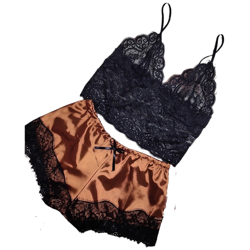 ensemble lingerie satin brodé marron