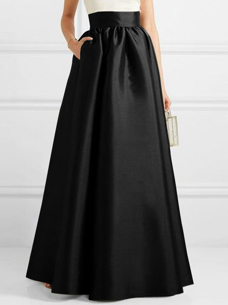 Black long trapeze satin skirt