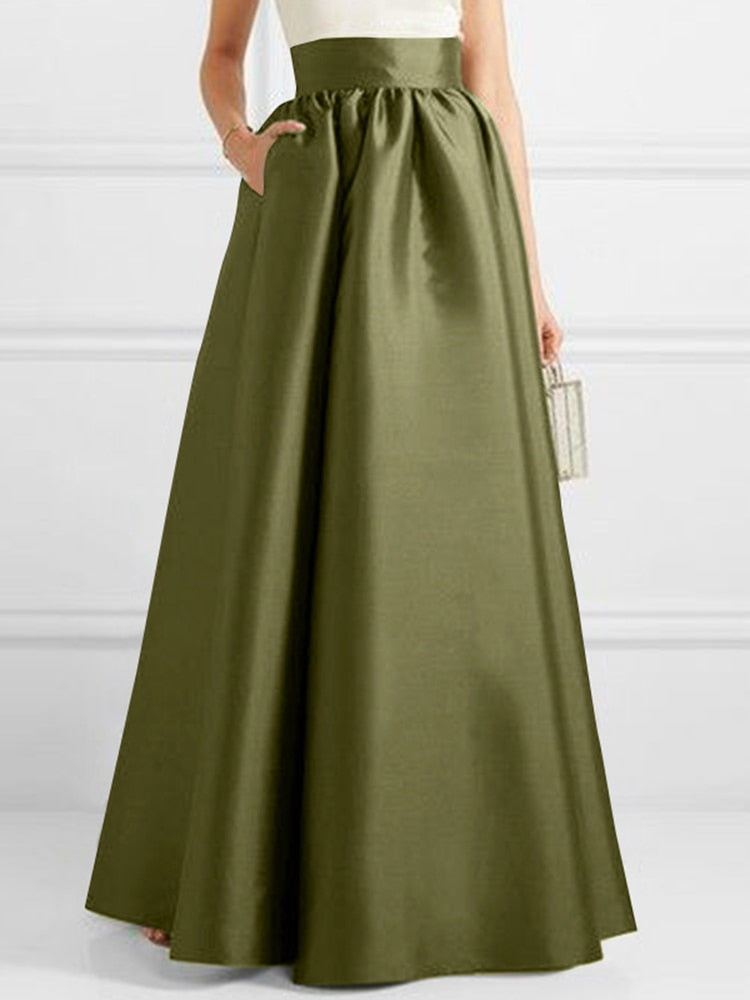 Green long trapeze satin skirt