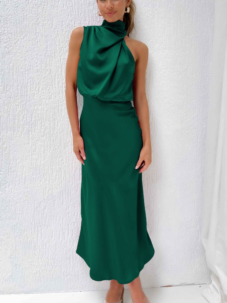 robe satin à col haut sans manche vert