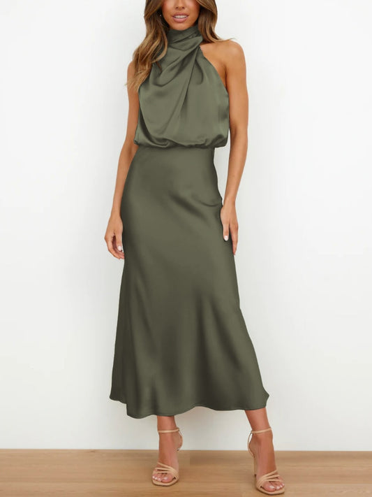 robe satin à col haut sans manche vert kaki