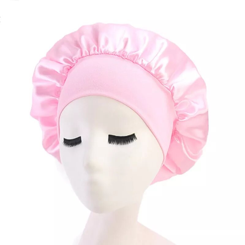 Bonnet satin pour cheveux medium rose.