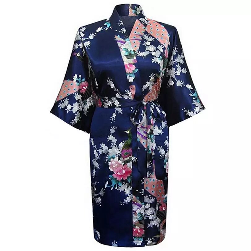 Kimono en satin Floral bleu marine