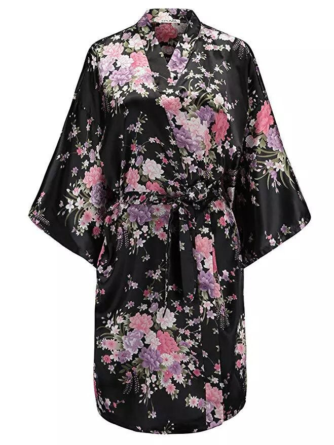 Kimono en satin Pivoine noir