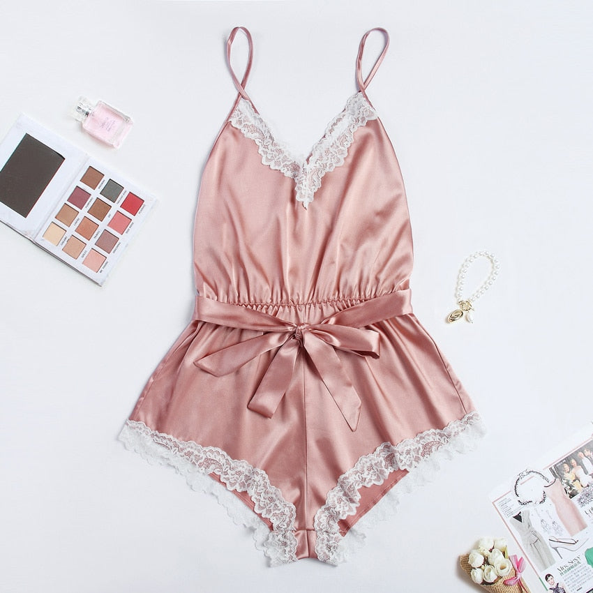 Pyjama satin combinaison rose