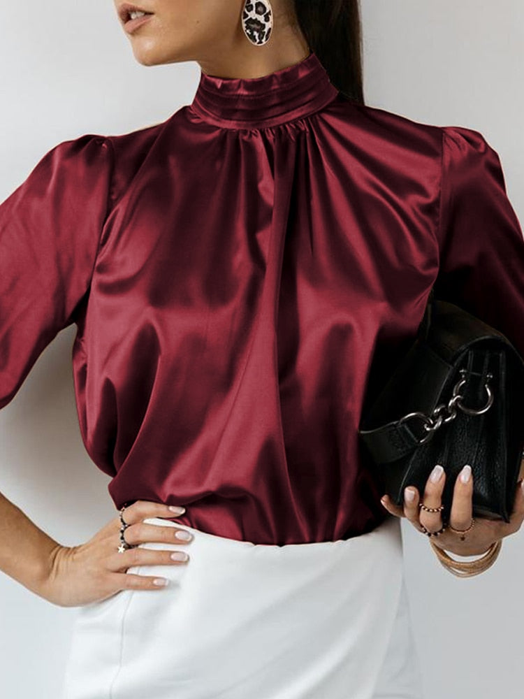 Blouse femme satin manches bouffantes col montant bordeaux