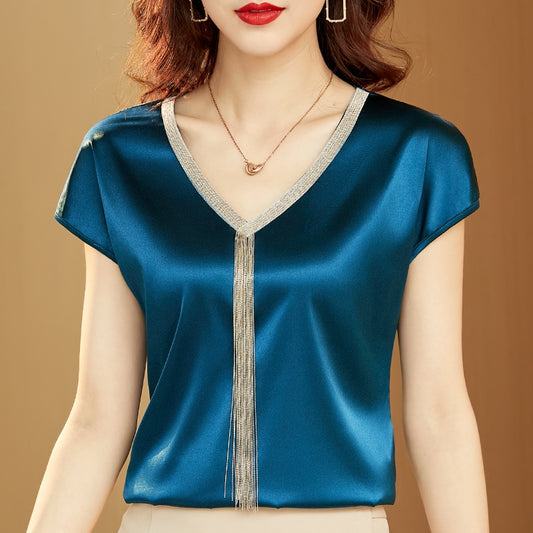 Blouse femme satin manches courtes détails dorés bleu