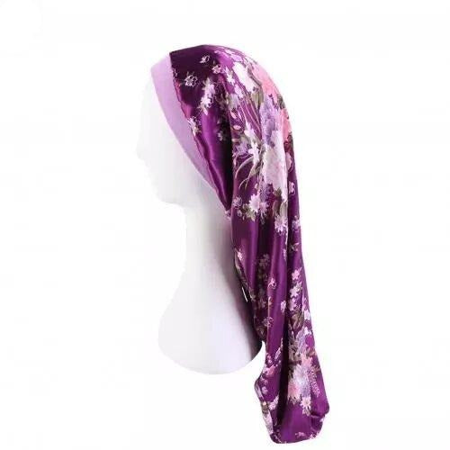 bonnet satin floral cheveux longs violet