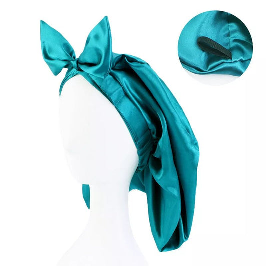 bonnet satin noué cheveux longs bleu cyan