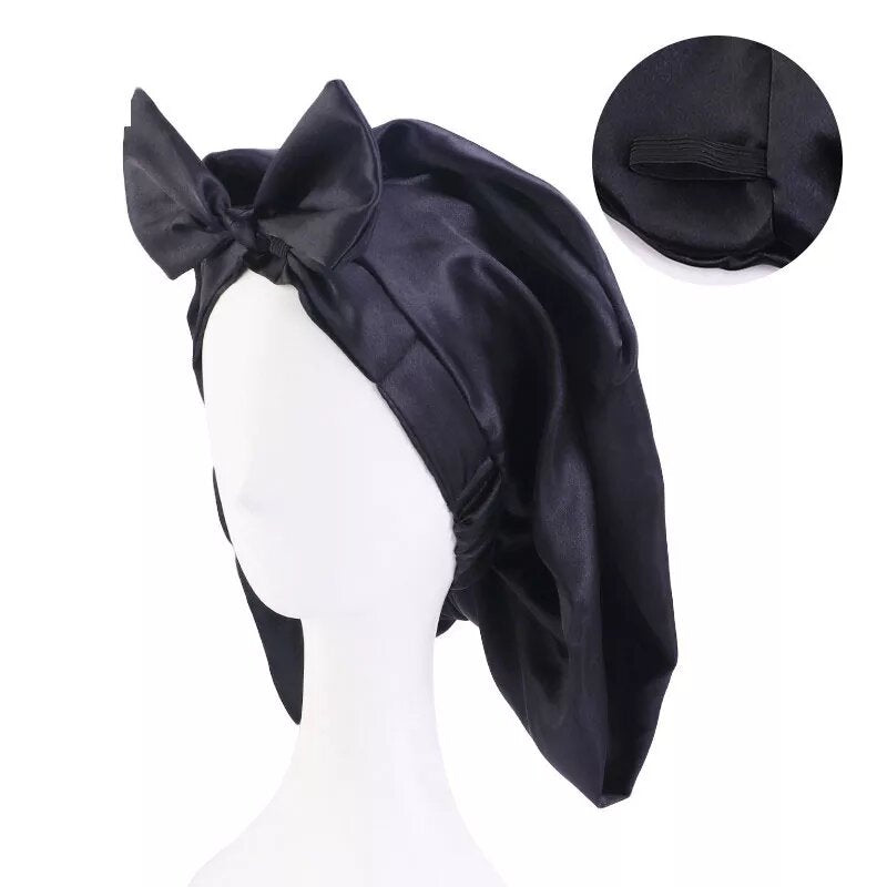 bonnet satin noué cheveux longs noir