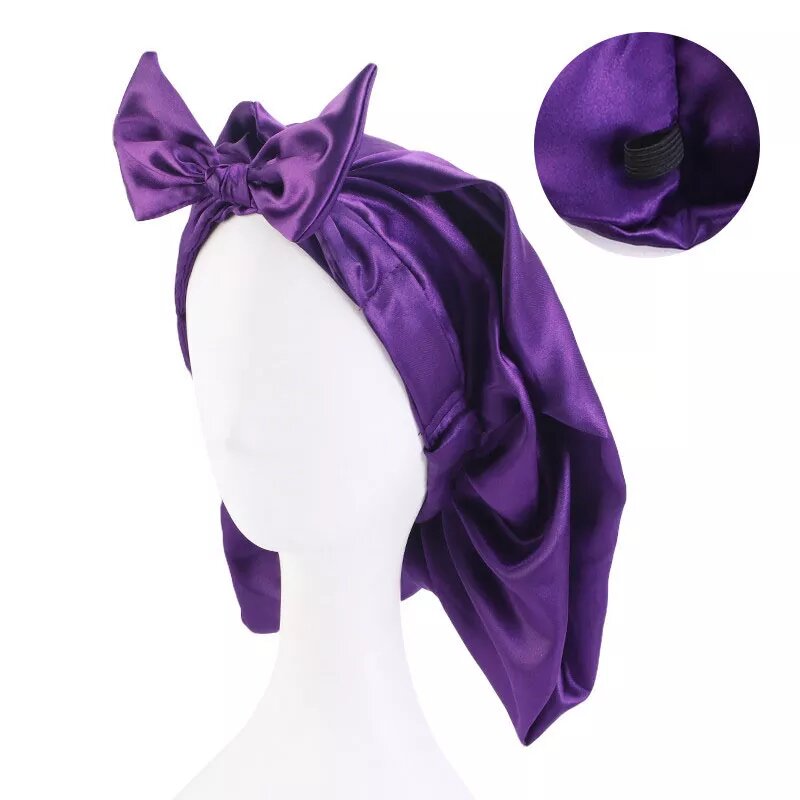 bonnet satin noue cheveux longs violet