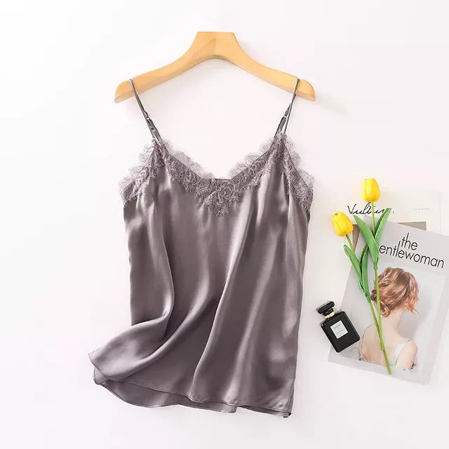 Gray satin camisole with lace