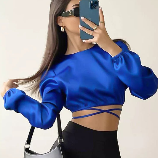    chemisier satin crop top bleu roi