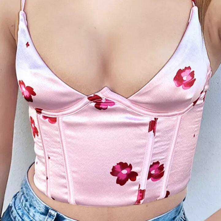 debardeur satin crop top bralette rose pale fleuri