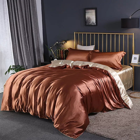 parure de lit en satin terra cota bicolore