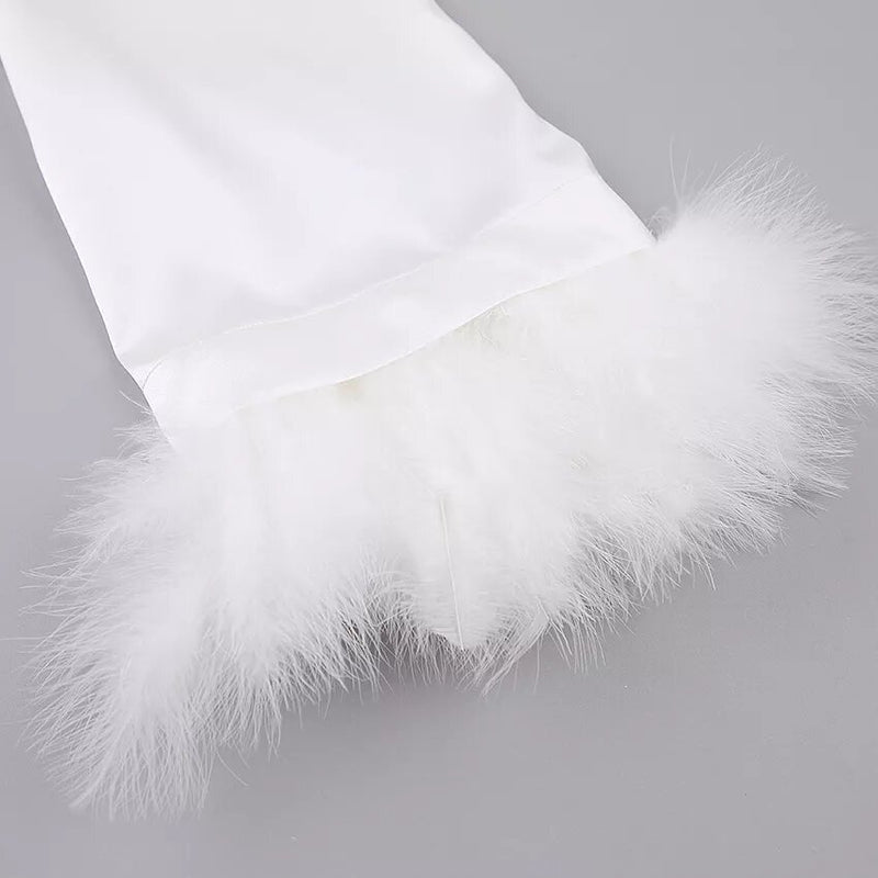 White satin dress with feathers