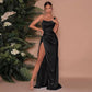    robe longue satinee asymetrique et bustier
