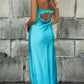     robe maxi en satin bleu et bustier