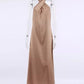 robe satin beige longue col croisé