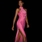 robe satin dos nue rose et drapée